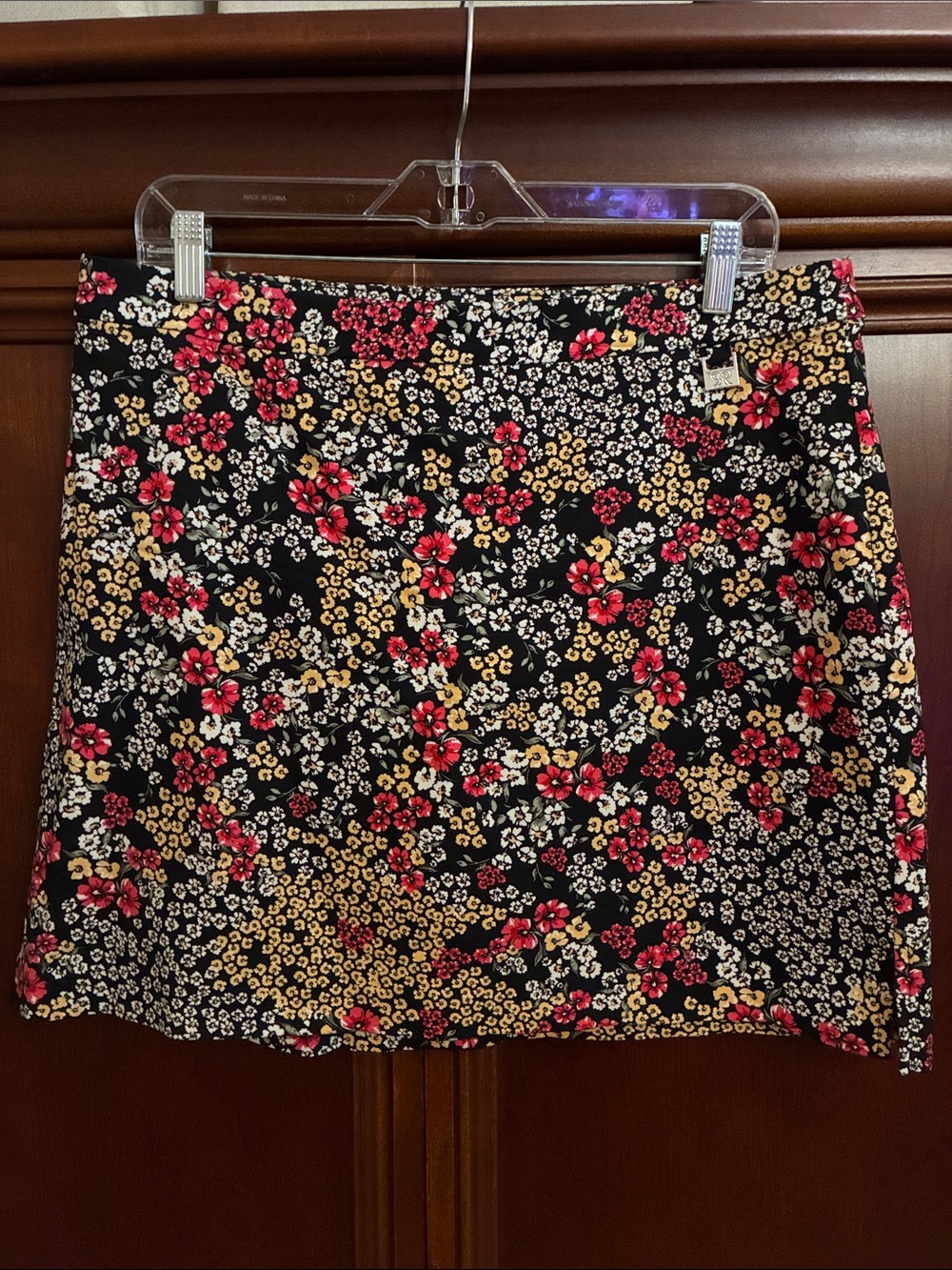 Floral Print Black Mini Skort with Pink and Yellow Accents